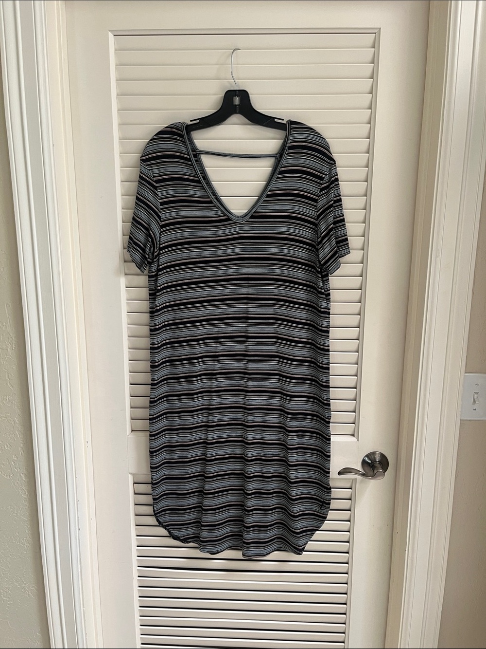 Kavu Black and Gray Striped V-Neck Midi Dress